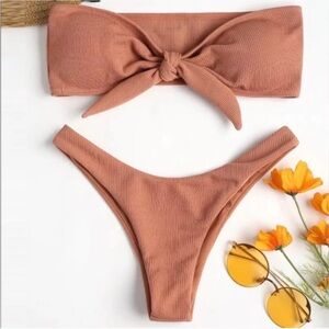 Ribbed Knot Bandeau Bikini Set Peach Tan Neutral High Cut Medium New